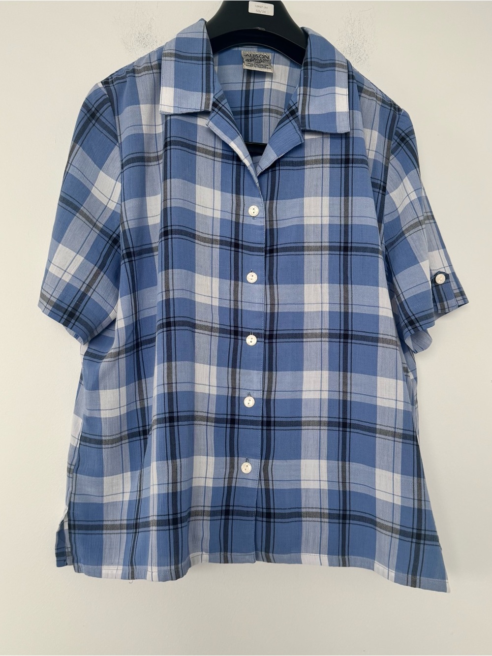 Vtg Allison Daley Plaid Button Up Shirt 14P Blue Short Tab Sleeve Cotton Blend